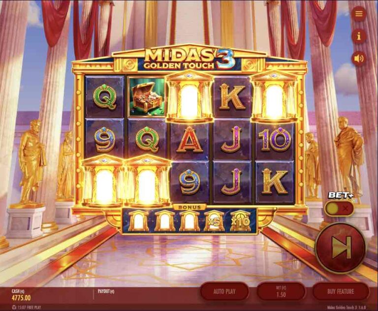 Varios símbolos de templo iluminados en Midas Golden Touch 3 avanzando el medidor de la bonificación