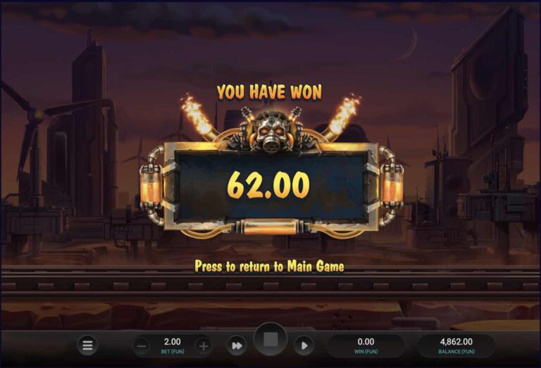Pantalla final del Money Cart en Money Train 3 con 62,00 ganados y la ciudad futurista al fondo