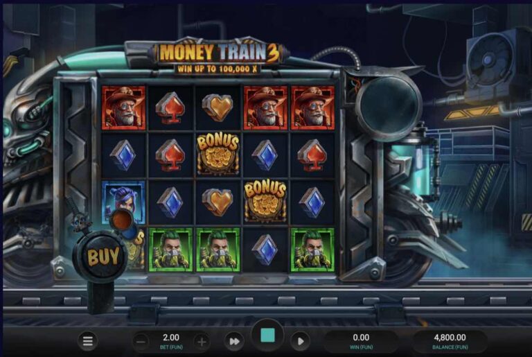 Tirada de Money Train 3 con símbolos Bonus dorados en los carretes centrales que abren el Money Cart