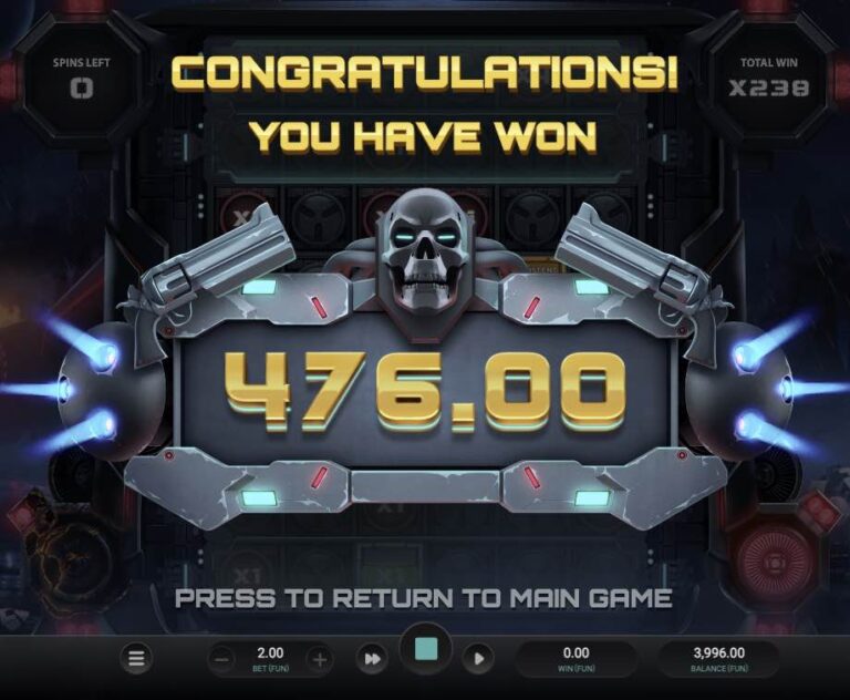 Pantalla final de la bonificación de Money Train 4 con una calavera entre dos revólveres y un premio de 476,00, equivalente a 238 veces la apuesta