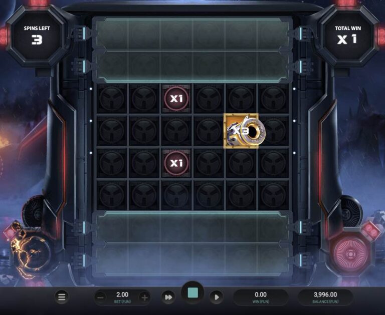 Inicio del Money Cart de Money Train 4: tablero blindado con el contador en tres regiros, dos símbolos x1, un x3 dorado y las filas superior e inferior aún bloqueadas