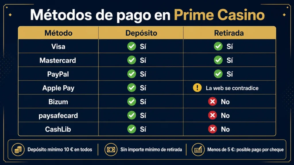 Los siete métodos de pago de Prime Casino, el depósito mínimo de 10 €, la ausencia de mínimo de retirada y los tres métodos que solo sirven para depositar