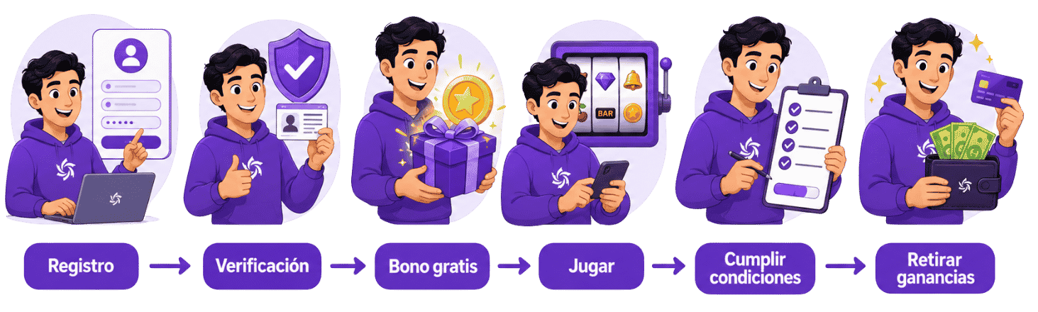 Proceso de un bono sin depósito: registro, verificación, bono gratis, jugar, cumplir las condiciones y retirar las ganancias.