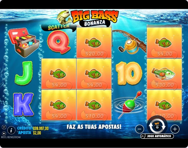 Tabuleiro da Big Bass Bonanza cheio de peixes com valores de 4, 10, 20 e 30 dólares e a mensagem para fazer as apostas