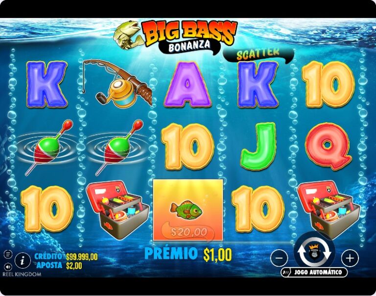 Um Scatter, duas boias e um peixe de 20 dólares nos rolos da Big Bass Bonanza com um prémio de 1 dólar