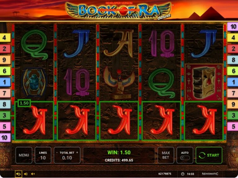 Prémio de 1,50 na Book of Ra Deluxe com cinco K numa linha destacada a verde e o livro dourado no último rolo