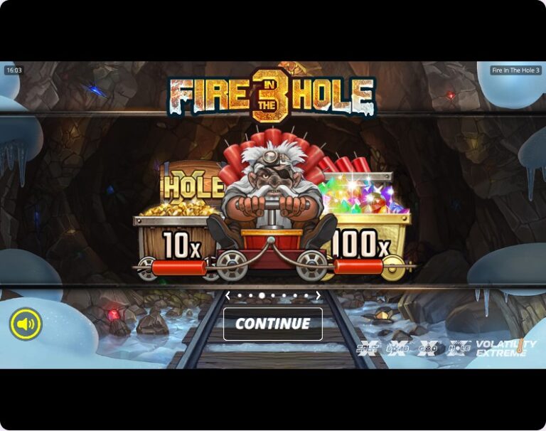 Ecrã de apresentação da Fire in the Hole 3 com a vagoneta da Lucky Wagon Spins entre os multiplicadores 10x e 100x e a etiqueta de volatilidade extrema