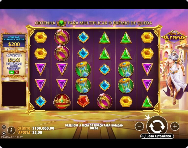 Jogo base da Gates of Olympus com Zeus junto à grelha de anéis, taças e gemas, e os botões de compra da bonificação e de aposta dupla à esquerda