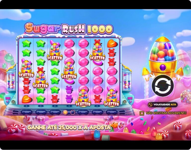 Ecrã de apresentação da Sugar Rush 1000 com sete Scatters espalhados pela grelha e o aviso de que se pode ganhar até 25.000 vezes a aposta