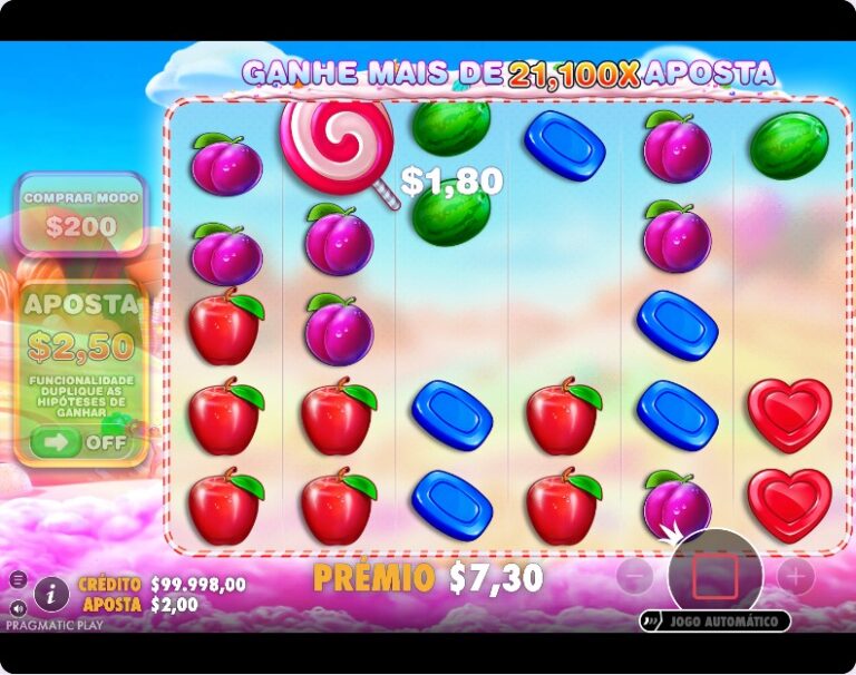 Prémio de 7,30 dólares na Sweet Bonanza no fim de uma cadeia de tumbles, com um chupa-chupa Scatter na grelha