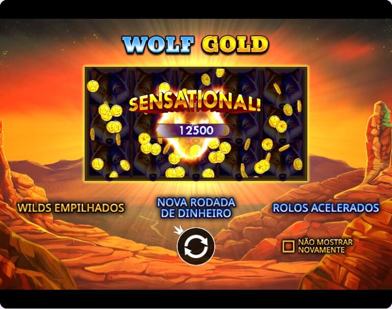 Ecrã de apresentação da Wolf Gold com a mensagem Sensational e um prémio de 12.500 entre uma chuva de moedas douradas