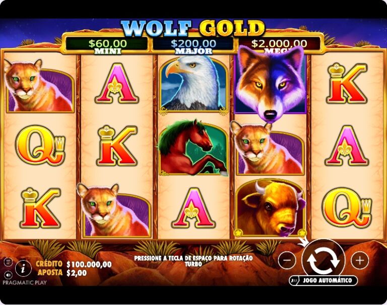 Jogo base da Wolf Gold com o puma, a águia, o lobo e o búfalo entre letras, e os jackpots Mini, Major e Mega por cima dos rolos