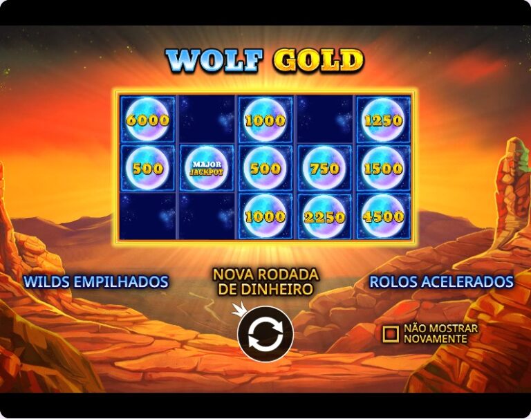 Ecrã de apresentação da Money Respin na Wolf Gold com o tabuleiro cheio de luas com valores e o Major Jackpot no centro