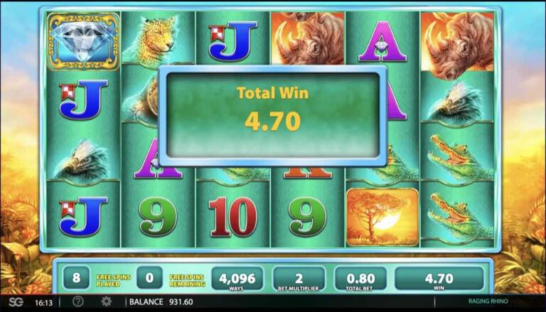 Final de la ronda de tiradas gratis de Raging Rhino con un premio total de 4,70 y el comodín de la puesta de sol en el quinto carrete