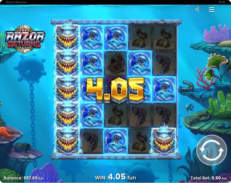 Premio de 4,05 en Razor Returns con el tablero cubierto de tiburones dorados y símbolos revelados durante la Razor Reveal