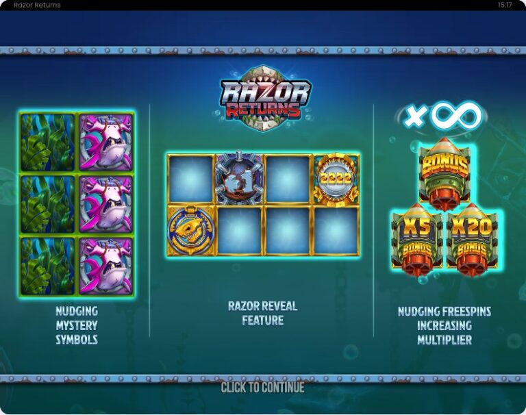 Pantalla de presentación de Razor Returns con las tres funciones del juego: Mystery Symbols que bajan, la Razor Reveal y las tiradas gratis con multiplicador sin límite