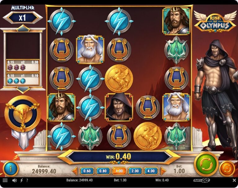 Premio de 0,40 en Rise of Olympus con dos monedas doradas como Wild en la cuadrícula y la lista de combinaciones a la izquierda