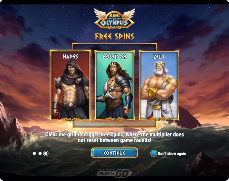 Pantalla de presentación de las tiradas gratis de Rise of Olympus con Hades, Poseidón y Zeus para elegir y el aviso de que el multiplicador no se reinicia entre giros