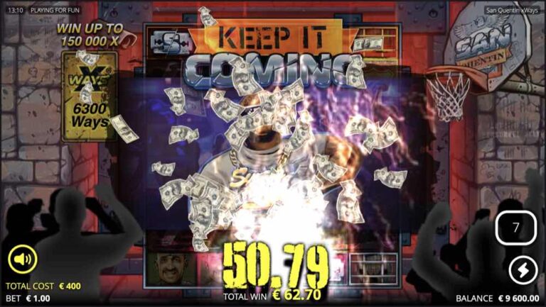 Animación Keep It Coming en San Quentin xWays con billetes volando, un premio de 50,79 y un total de 62,70 euros con 6.300 formas de ganar