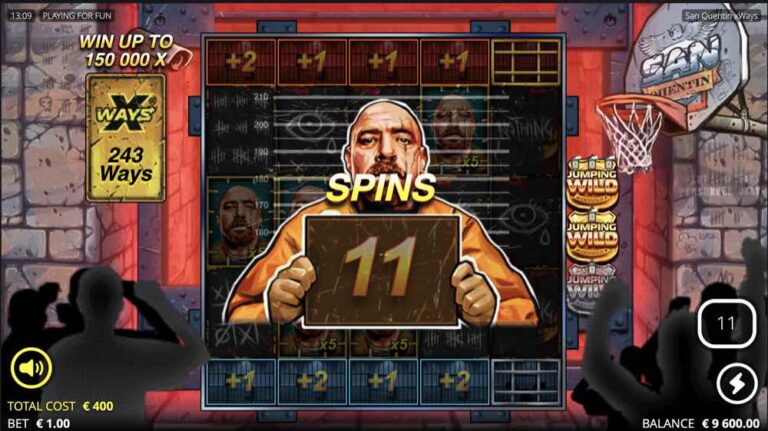 Inicio de las Lockdown Spins en San Quentin xWays con un preso mostrando once tiradas, las celdas de arriba y abajo abiertas con tiradas extra y tres Jumping Wilds a la derecha