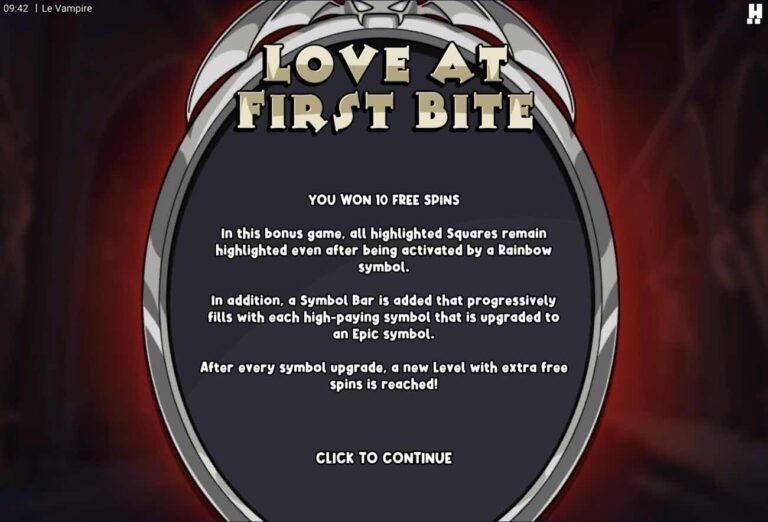 Pantalla de inicio de Love at First Bite en Le Vampire con diez tiradas gratis y la explicación de las casillas persistentes y la Symbol Bar