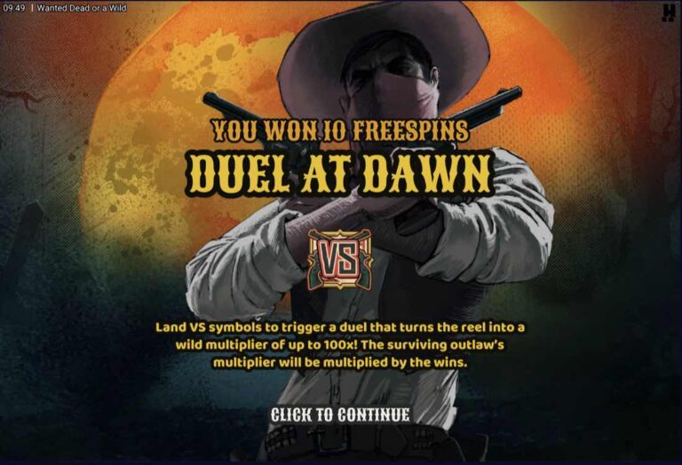 Pantalla de inicio de Duel at Dawn en Wanted Dead or a Wild con diez tiradas gratis, el forajido armado y el símbolo VS