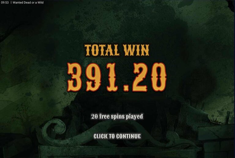 Pantalla final de Wanted Dead or a Wild con un premio total de 391,20 tras veinte tiradas gratis