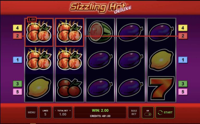 Premio de 2,00 en Sizzling Hot Deluxe con dos cerezas en las dos primeras posiciones de una línea marcada en rojo y un siete rojo en el último rodillo
