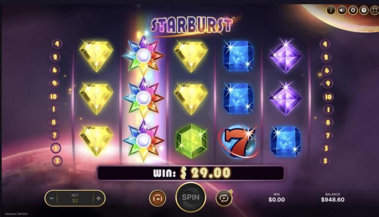 Respin da Starburst com o Wild expandido no segundo rolo, diamantes amarelos de ambos os lados e um prémio de 29 dólares
