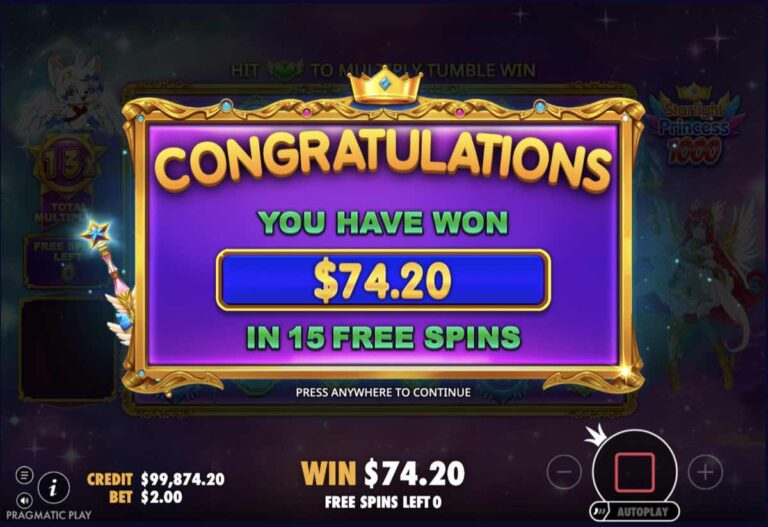 Pantalla final de las tiradas gratis de Starlight Princess 1000 con 74,20 dólares ganados en 15 tiradas y el multiplicador total de 13x a la izquierda