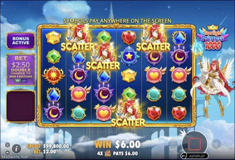 Cuatro Scatter de la princesa en la cuadrícula de Starlight Princess 1000 activando la bonificación, con un premio de 6 dólares por los Scatter