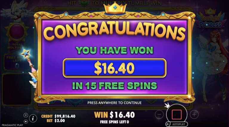 Pantalla final de las tiradas gratis de Starlight Princess con 16,40 dólares ganados en 15 tiradas y el panel del multiplicador total a la izquierda