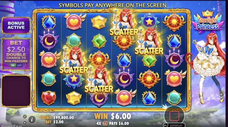 Cuatro Scatter de la princesa en la cuadrícula de Starlight Princess activando la bonificación, con un premio de 6 dólares y la apuesta extra desactivada a la izquierda