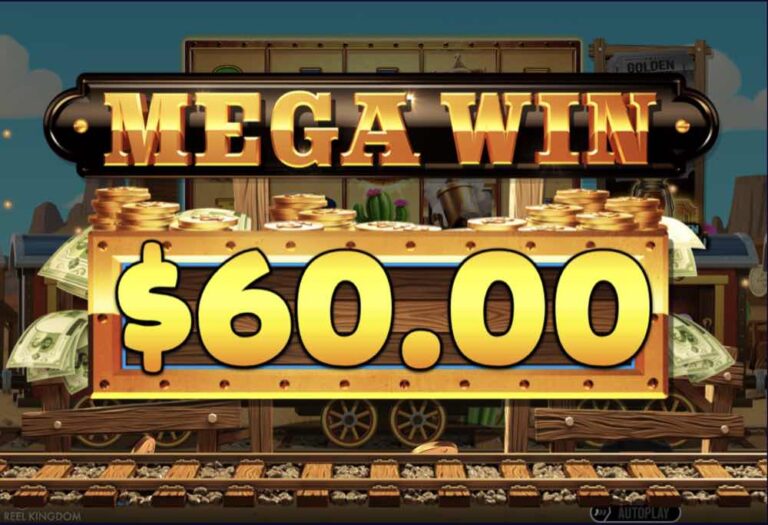Cartel de Mega Win en Steamin' Reels con un premio de 60 dólares entre monedas de oro y billetes sobre el vagón
