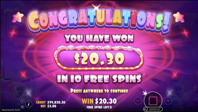 Resultado de una bonificación de Sugar Rush con 20,30 dólares ganados en diez tiradas gratis
