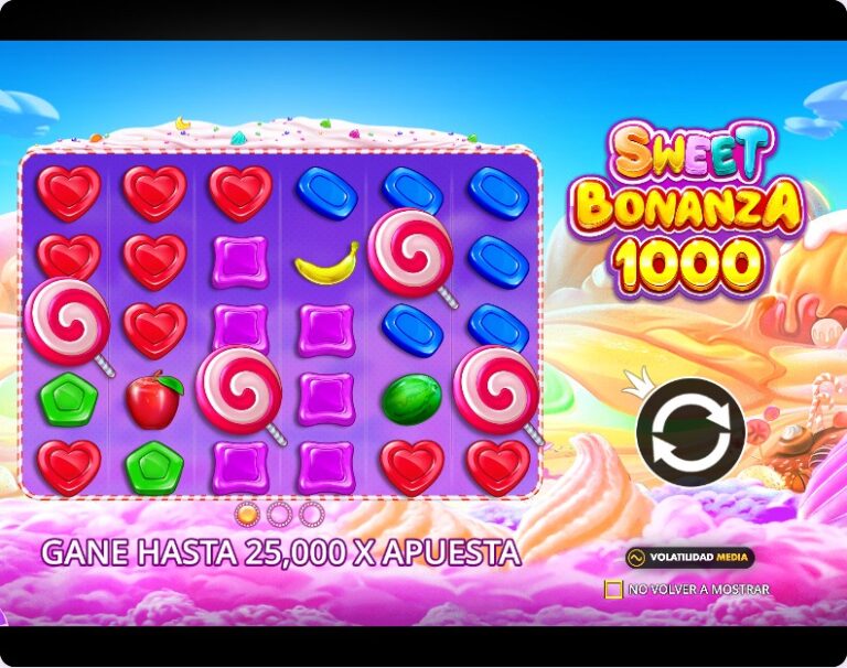 Pantalla de presentación de Sweet Bonanza 1000 con la cuadrícula de caramelos y el aviso de que se puede ganar hasta 25.000 veces la apuesta