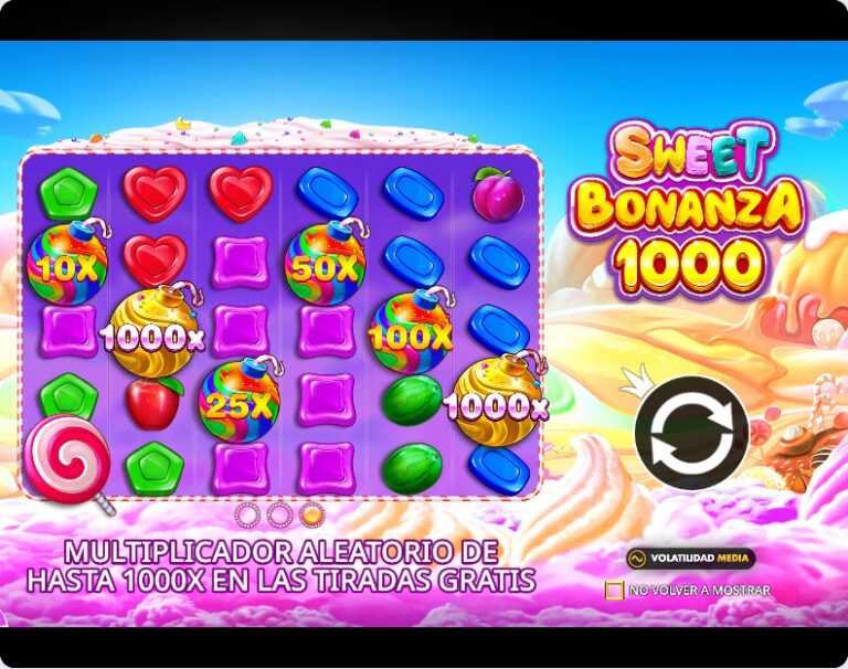 Pantalla de presentación de Sweet Bonanza 1000 con bombas de caramelo de 10x, 25x, 50x, 100x y 1000x sobre la cuadrícula y el aviso del multiplicador aleatorio de hasta 1000x
