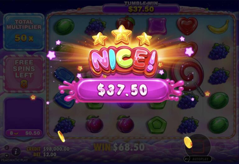Tiradas gratis de Sweet Bonanza 2500 con un multiplicador total de 50x y ocho giros restantes