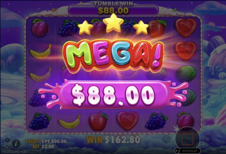 Premio Mega de 88 dólares al final de una cadena de tumbles de Sweet Bonanza, con el contador de la tirada en 162,80