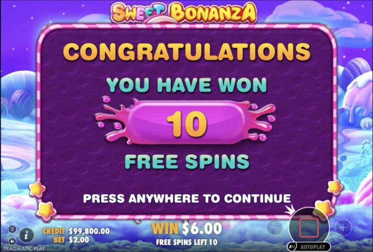 Pantalla de enhorabuena de Sweet Bonanza anunciando diez tiradas gratis conseguidas