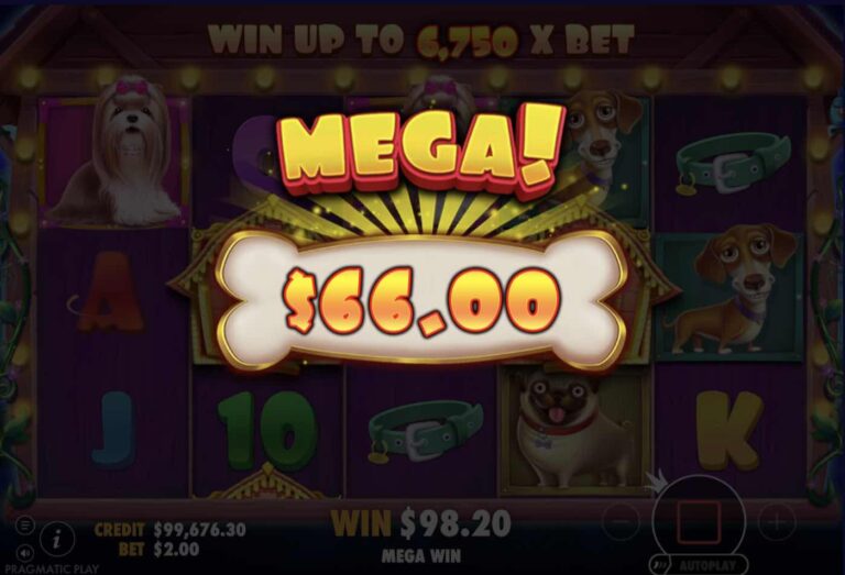 Mega Win de 66 dólares sobre un hueso en The Dog House durante las tiradas gratis, con un premio acumulado de 98,20