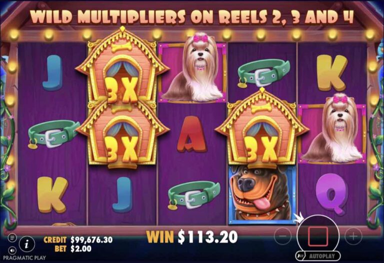 Tres casetas Wild con multiplicador 3x en los rodillos dos y cuatro de The Dog House y un premio de 113,20 dólares