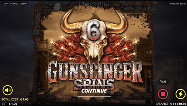 Pantalla de entrada a las Gunslinger Spins de Tombstone Begins con seis tiradas concedidas