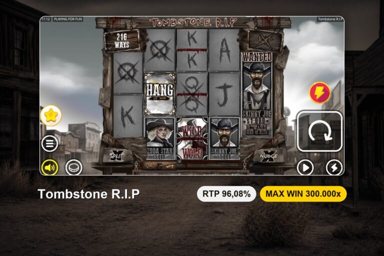 Tabuleiro da Tombstone R.I.P ampliado para 216 formas de ganhar com um Wild dividido em dois no rolo central e um Scatter da forca no segundo rolo