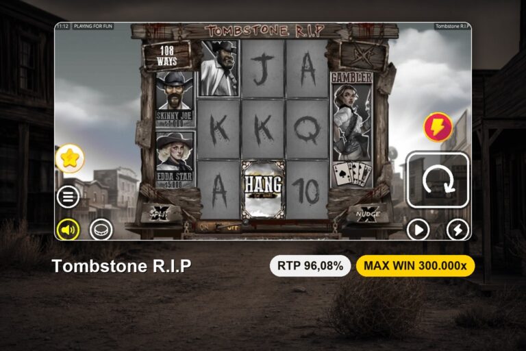 Jogada da Tombstone R.I.P com o Scatter da forca no rolo central, a foragida Gambler no quinto rolo e a barra da Enhanced Bet por baixo