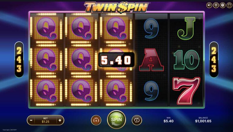 Tres rodillos enlazados de Twin Spin cubiertos por completo de reinas moradas con un premio de 5,40 en pantalla