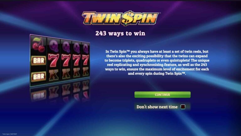 Pantalla de presentación de Twin Spin con el logotipo, el texto sobre las 243 formas de ganar y unos rodillos gemelos con sietes