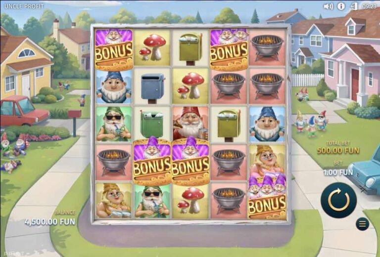 Cuatro símbolos BONUS repartidos por la cuadrícula de Uncle Profit, la combinación que abre el Gnome Festival