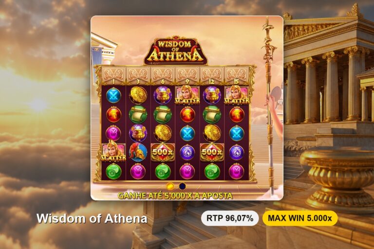 Ecrã de apresentação da Wisdom of Athena em português com o aviso de ganhe até 5.000 vezes a aposta e o tabuleiro cheio de moedas e capacetes