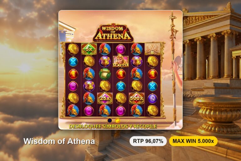 Pantalla de presentación de Wisdom of Athena con dos símbolos Scatter de la diosa, multiplicadores de 5x, 25x y 500x y una casilla de desbloqueo con el número quince